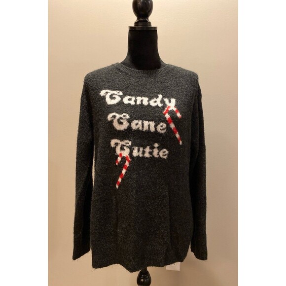 Christmas Holiday Womens Gray Sweater Candy Cane Cutie Sz Medium Fuzzy Unique - Picture 3 of 8